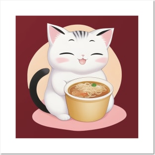 Cute Cat Holding a Cup of Ramen Posters and Art